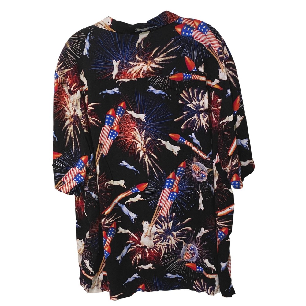 Patriotic Mens Button Front Shirt 2XL Cats Rockets Fireworks Kitschy Americana - Picture 3 of 6